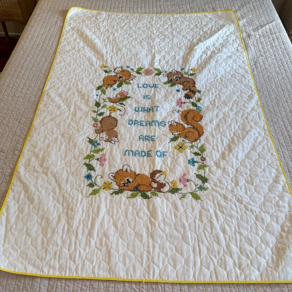Vintage Hand Cross Stitch Baby Quilt Woodland Animals Love Is What Dreams 39x59